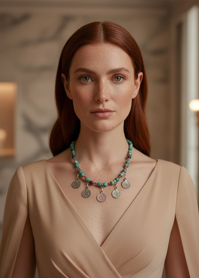 Collar de jaspes y monedas