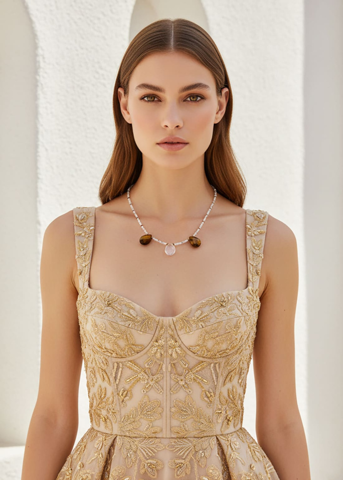 Collar lyra con piedra luna y ojo de tigre