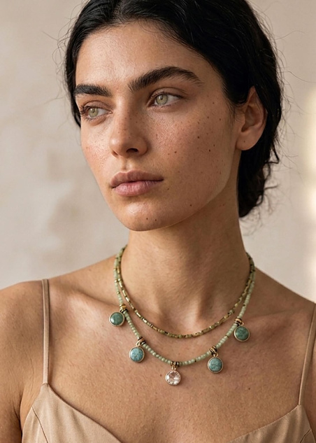 Modelo luciendo el Collar Aveline de jade natural, amazonita, aventurina verde y cuarzo cristal de PRADIKA