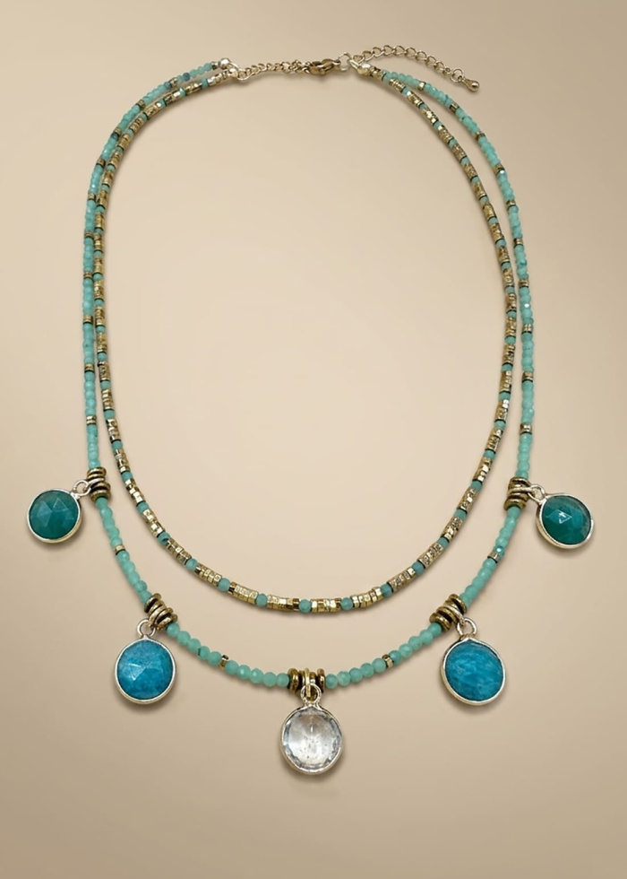 Collar doble de jade natural y hematites doradas con colgantes de amazonita, aventurina verde y cuarzo cristal facetado