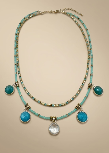 Collar doble de jade natural y hematites doradas con colgantes de amazonita, aventurina verde y cuarzo cristal facetado