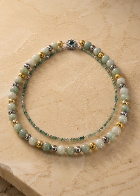 Collar doble Lysea de ágatas verdes naturales con hematites doradas y plateadas y cierre joya en rodio | PRADIKA