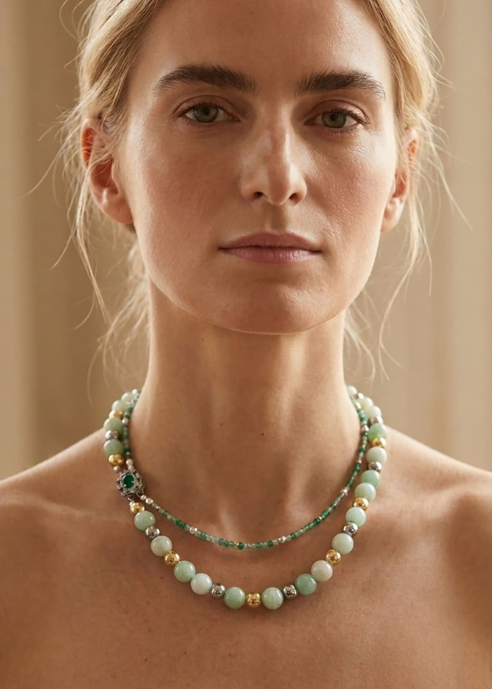 Modelo luciendo el collar doble Lysea de ágatas verdes naturales | PRADIKA