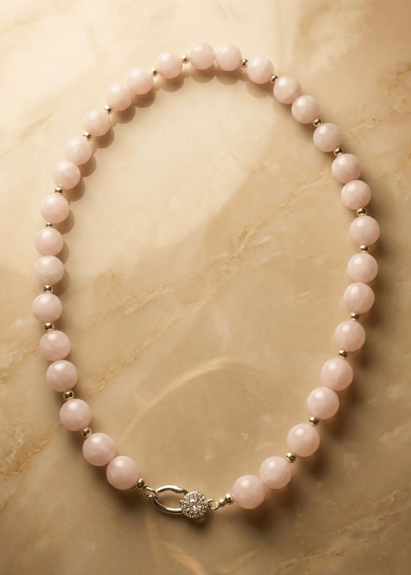 Collar Élise de cuarzo rosa natural sobre fondo arena.
